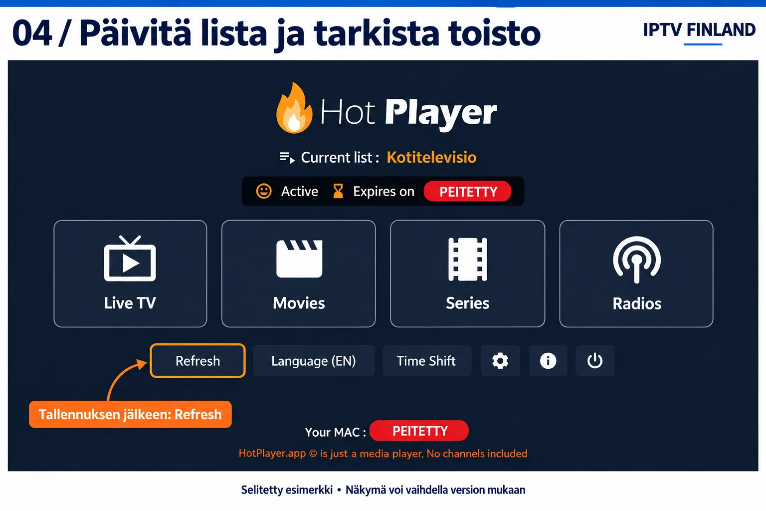 HotPlayerin kotinäkymä, Current list -listanimi ja Refresh-painike; MAC ja päättymistiedot peitetty