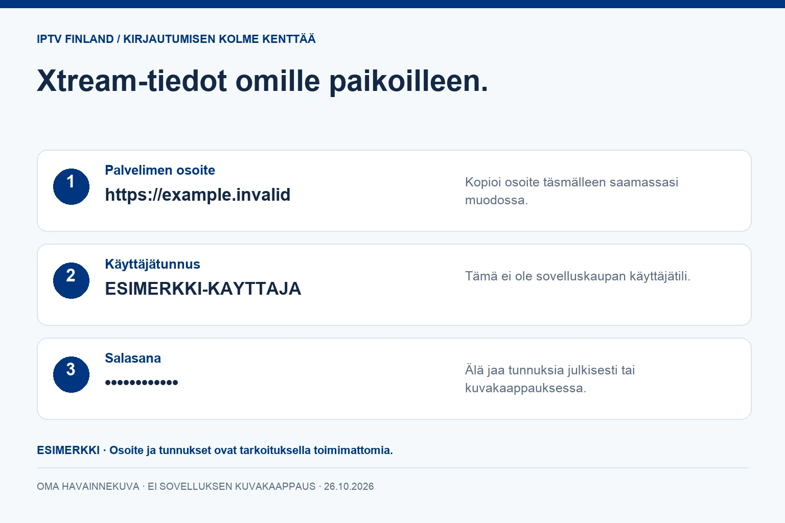 Esimerkkikuva: palvelimen osoite, käyttäjätunnus ja salasana eri kentissä