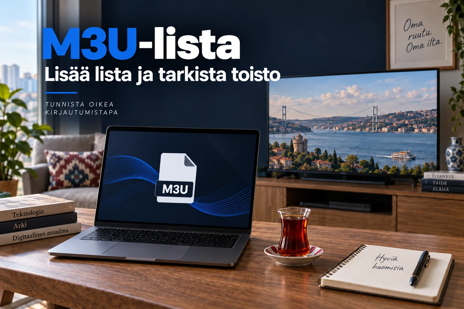 M3U-listan käyttöönottoa kuvaava kannettava tietokone ja televisio
