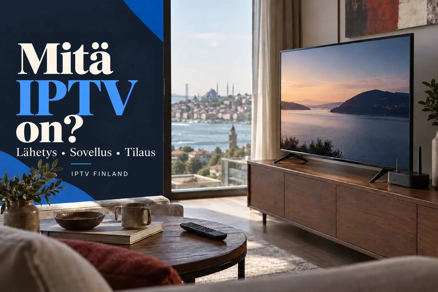 IPTV:n toimintaa havainnollistava olohuone, televisio ja verkkolaite