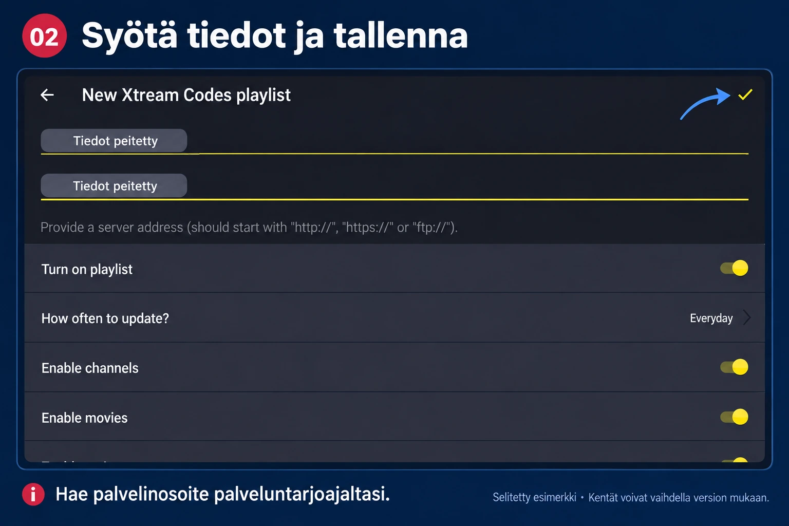 Televizon listan asetukset, peitetyt tilitiedot sekä oikean yläkulman tallennusmerkki