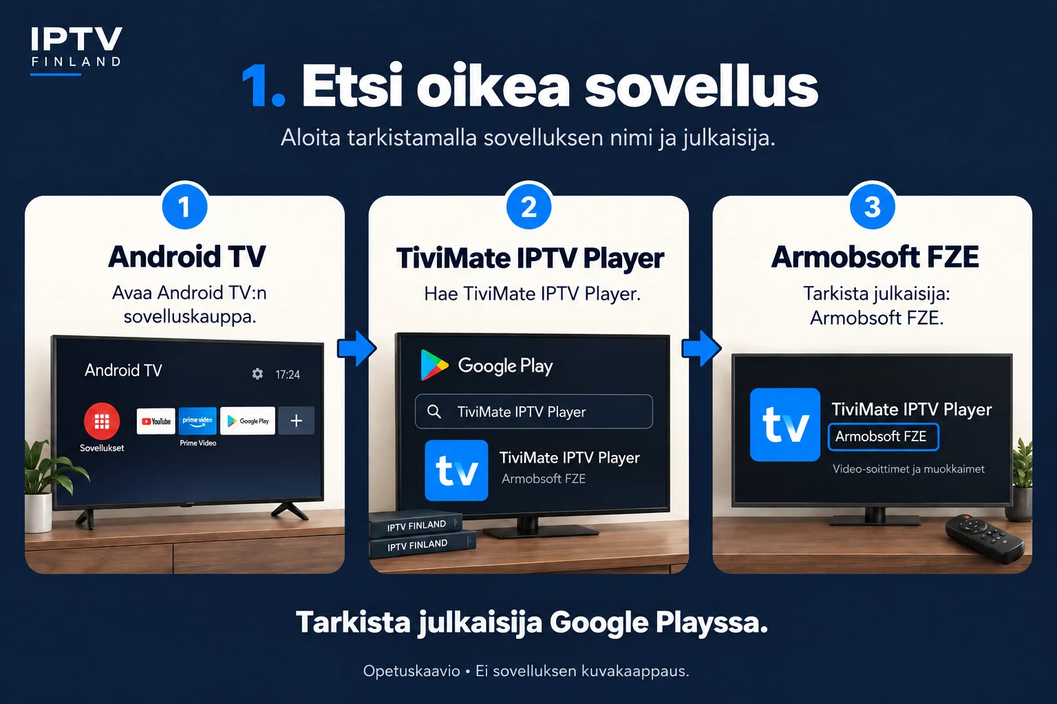 Opetuskaavio TiviMaten tunnistamisesta Android TV:n kaupassa: nimi ja Armobsoft FZE -julkaisija