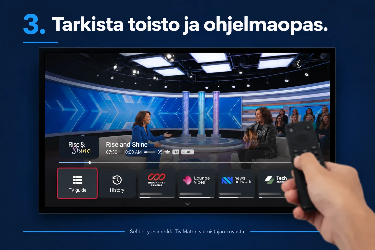 TiviMaten valmistajan esimerkkikuva, jossa TV guide -painike on korostettu